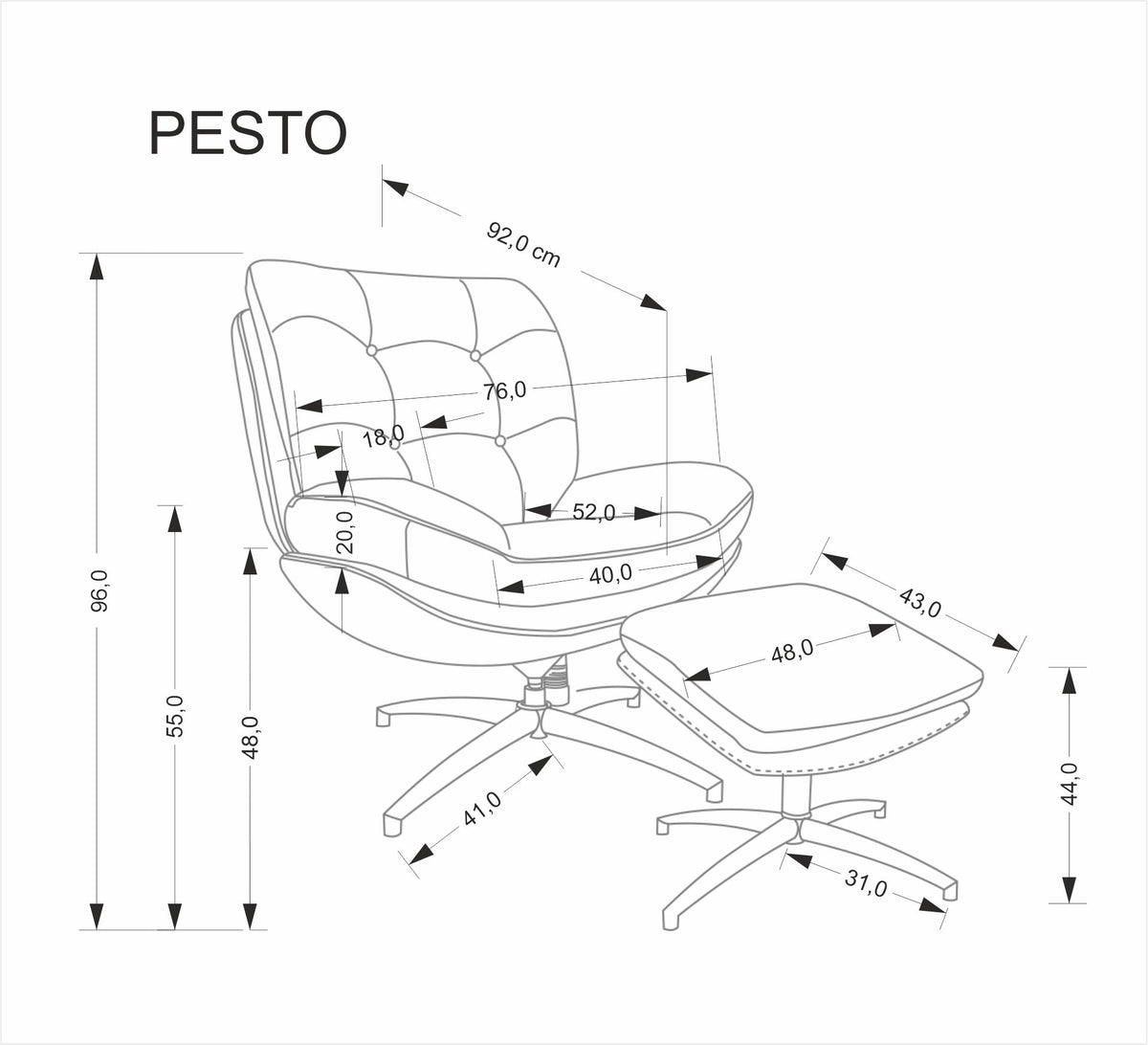 Pesto hintázó forgófotel lábtartóval
