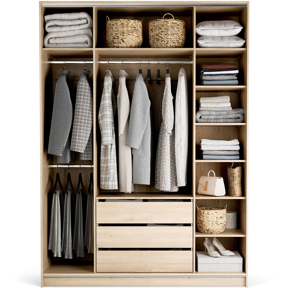 Stor cabinet system - presets 175x240 Stor COMFORT interior long handle metal body front side overlays ruhásszekrény, fekete tölgy homok bézs