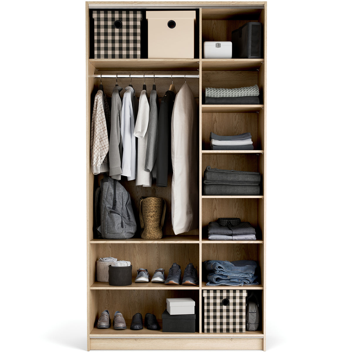 Stor cabinet system - presets 125x240 Stor interior COMFORT short metal handle body front ruhásszekrény, fekete tölgy homok bézs