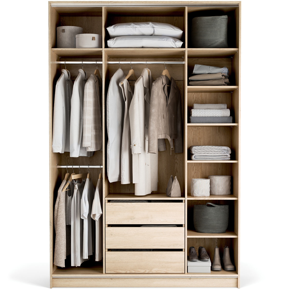 Stor cabinet system - presets 160x240 Stor COMFORT interior short handle rounded body front side overlays ruhásszekrény, arany tölgy homok bézs