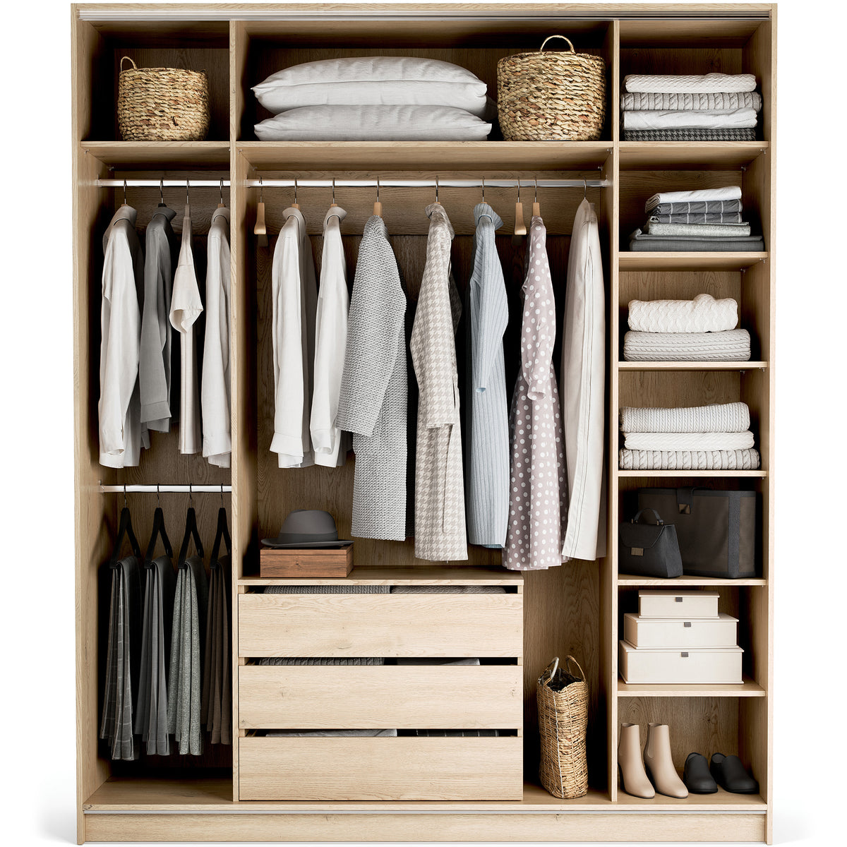 Stor cabinet system - presets 200x240 Stor interior COMFORT handle short rounded body front ruhásszekrény, tölgy homok bézs