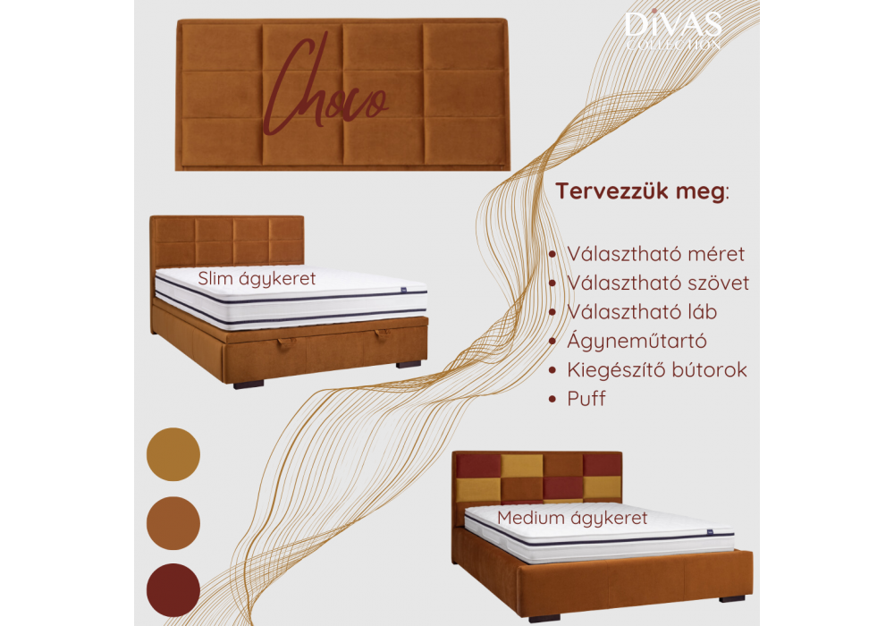 Choco tervezhető egyedi kárpitozott  ágy - Divas Lakberendezés
