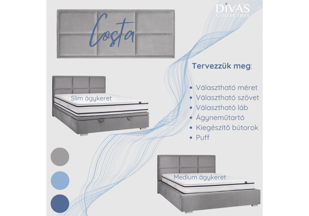 Costa tervezhető egyedi kárpitozott  ágy - Divas Lakberendezés